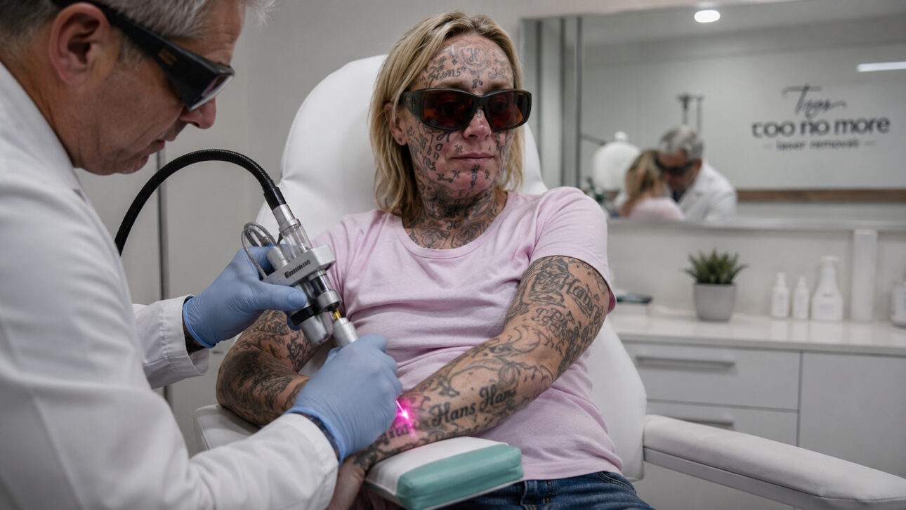 Professional performs laser tattoo removal on the arm of a tattooed woman, sitting in a clinic and wearing protective glasses.