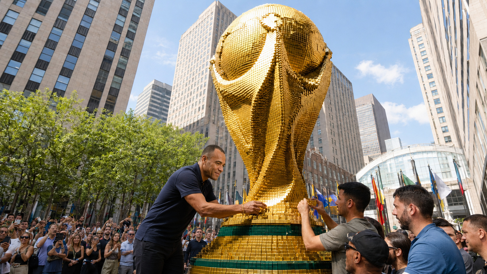 Representação ilustrativa de Cafu colocando uma peça em troféu gigante da Copa construído com blocos dourados no Rockefeller Plaza.