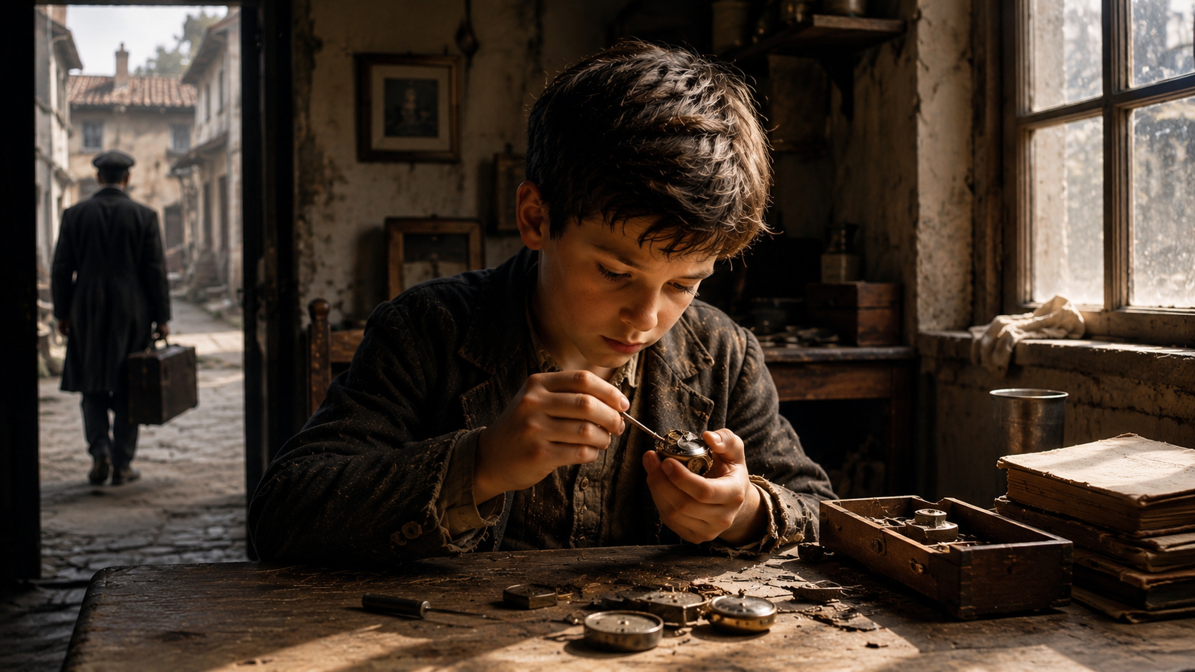 Menino em oficina antiga conserta relógio de pulso, representando a origem humilde e a superação por trás da história da Rolex.