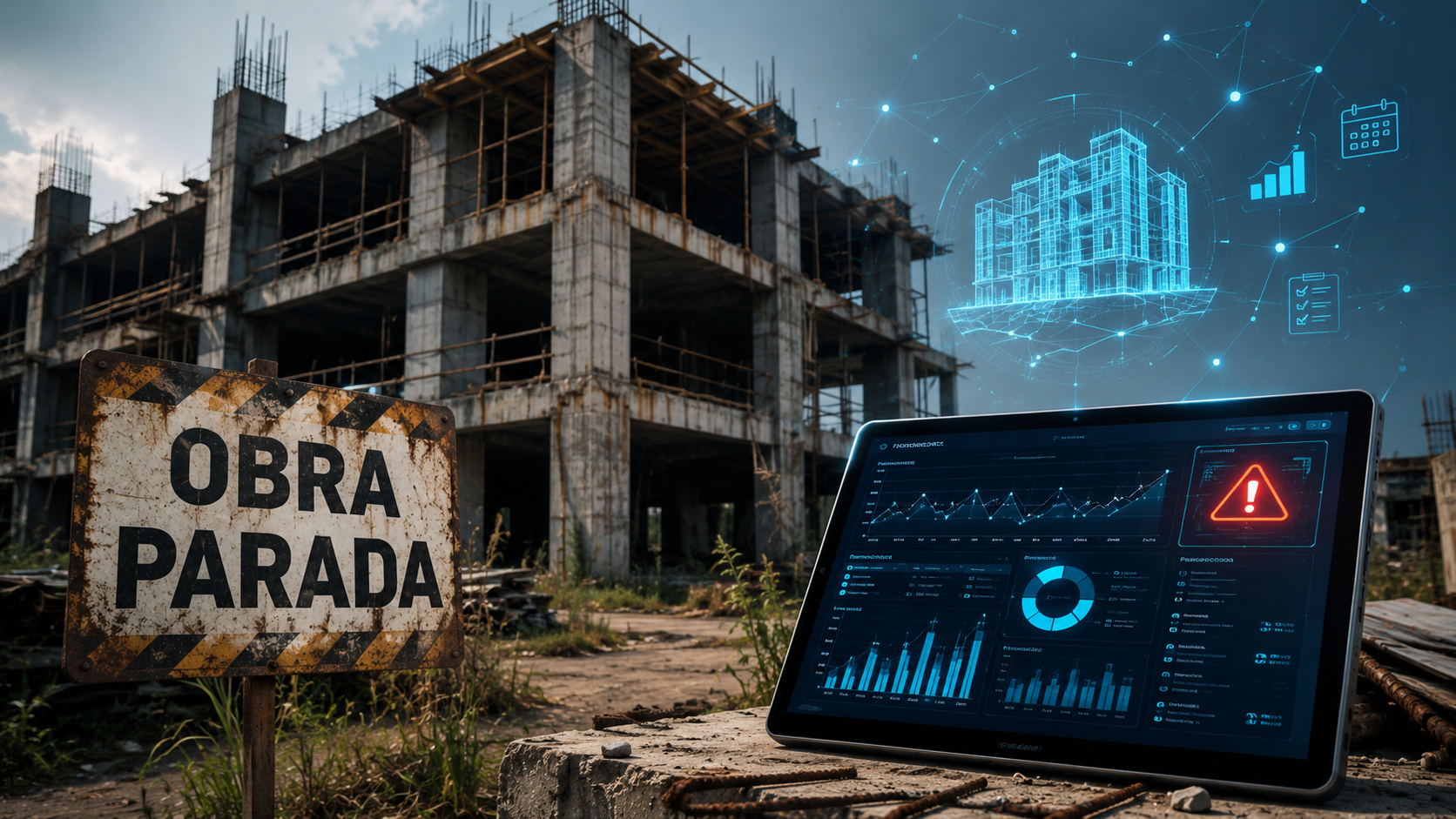Obra pública paralisada com estrutura de concreto inacabada e sistema digital de monitoramento representando tecnologia para identificar riscos de abandono e melhorar a gestão de projetos de infraestrutura.