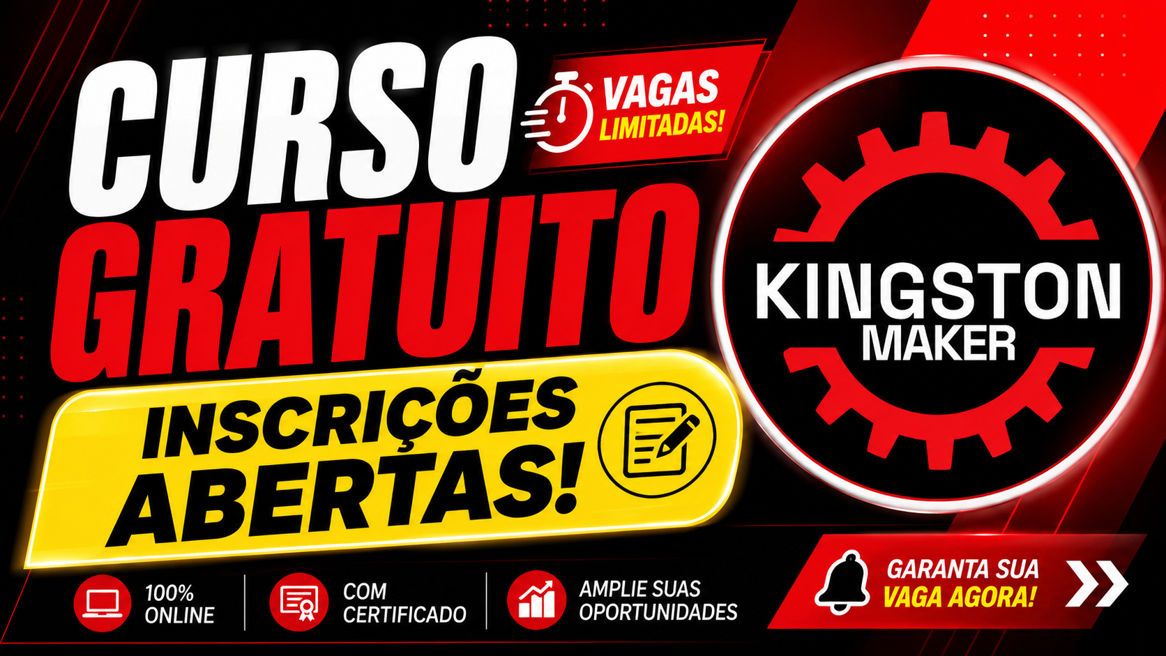 Thumbnail promocional do curso gratuito Kingston Maker com destaque para inscrições abertas, logotipo da iniciativa, selo de vagas limitadas e informações sobre certificado e aulas 100% online.