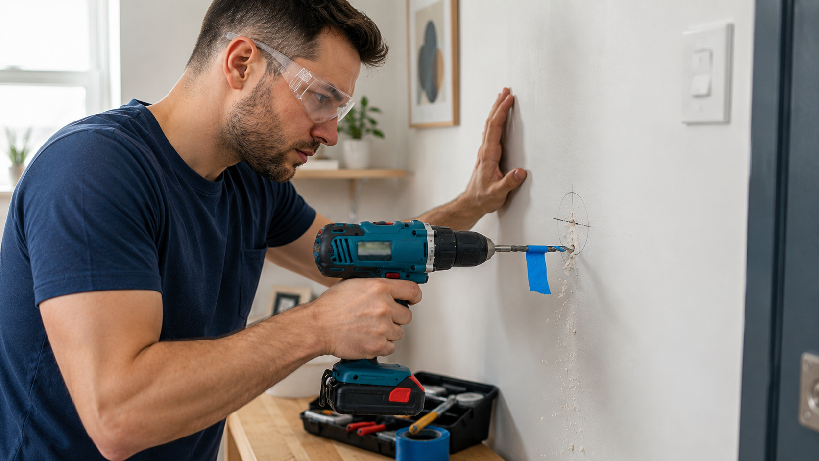 Homem utiliza uma parafusadeira em obras residenciais sem fio para furar uma parede durante uma reforma residencial, usando óculos de proteção e marcando previamente o ponto da perfuração em um ambiente interno organizado.