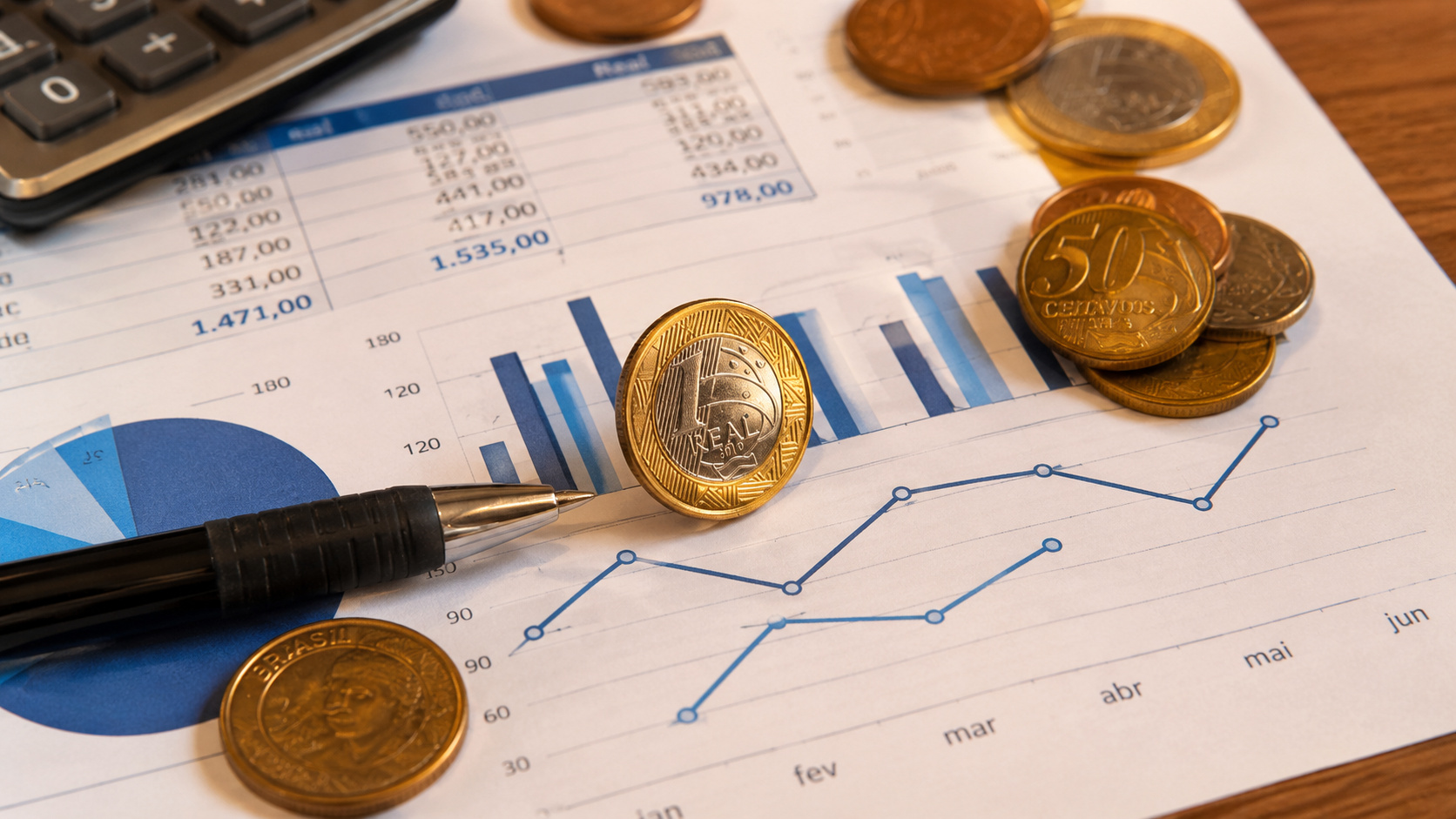 Moedas de real sobre relatório financeiro com gráficos, calculadora e caneta, representando a análise patrimonial e os dados estatísticos do Imposto de Renda 2026 divulgados pela Receita Federal.