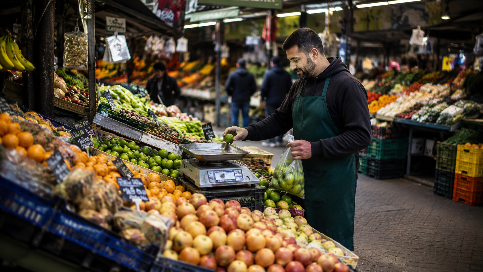 Feirante organiza frutas e hortaliças em mercado abastecido enquanto índice global da FAO aponta queda nos preços internacionais dos alimentos em junho.