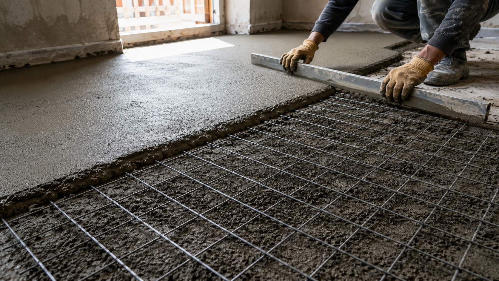 Trabalhador executa contrapiso de concreto com régua de nivelamento sobre malha POP em ambiente de construção, destacando a aplicação correta do reforço estrutural para aumentar a resistência do piso e reduzir o risco de rachaduras.