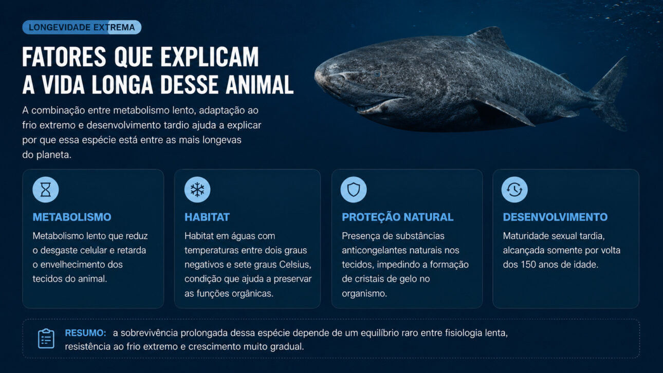 Infográfico sobre tubarão da Groenlândia destacando metabolismo lento, habitat em águas frias, proteção natural e desenvolvimento tardio como fatores de longevidade.