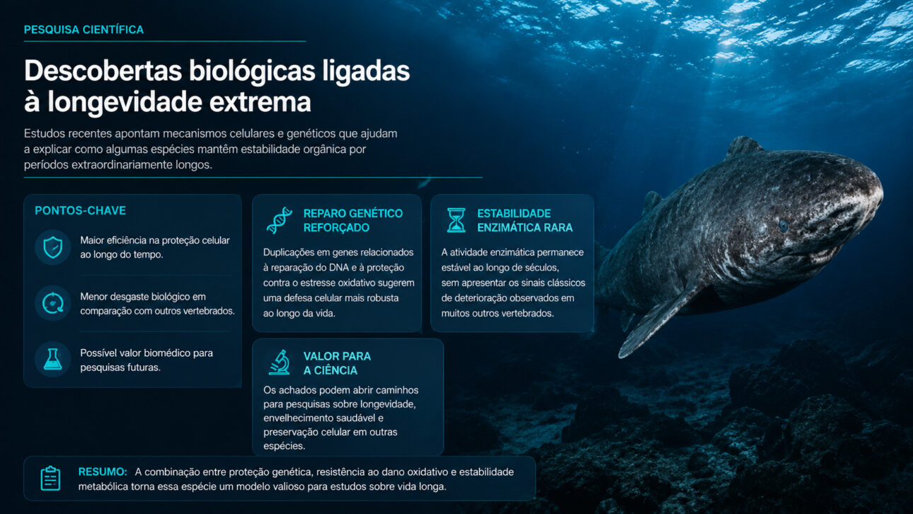 Infográfico sobre o tubarão da Groenlândia mostrando pontos-chave sobre reparo genético, estabilidade enzimática e valor científico para estudos de longevidade.