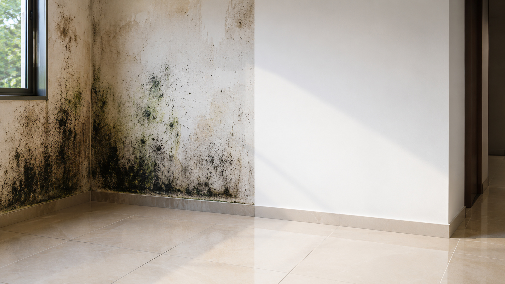 Parede dividida entre área com mofo, manchas de umidade e pintura deteriorada e outra totalmente limpa após aplicação de tinta desumidificante, em ambiente residencial com piso de porcelanato.