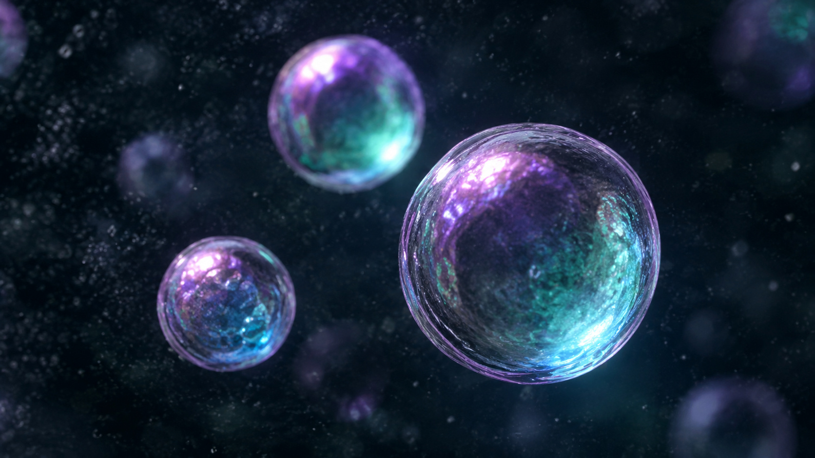 Ilustração de células sintéticas SpudCell com aparência translúcida, representando estruturas artificiais capazes de crescer, copiar DNA e se dividir em laboratório.