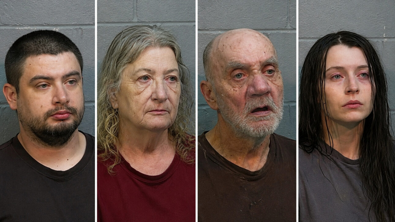 Montagem ilustrativa com quatro adultos detidos em Ohio após investigação sobre 16 crianças resgatadas em ambiente insalubre em Hamden.