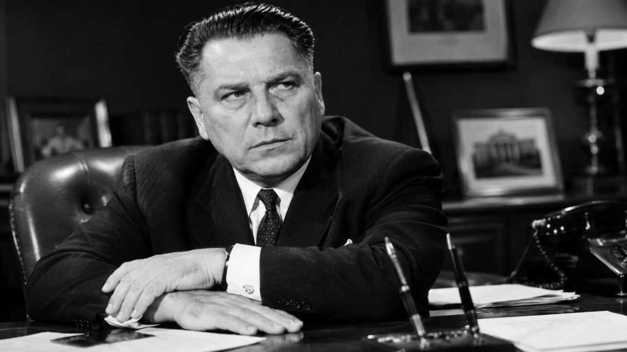 Man in suit in black and white image, sitting in an old office with documents on the table, representing the historical context of Jimmy Hoffa's disappearance.
