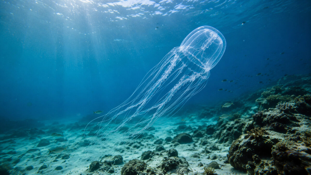Água-viva-caixa transparente com longos tentáculos sobre recife e fundo arenoso em águas azuis do oceano.