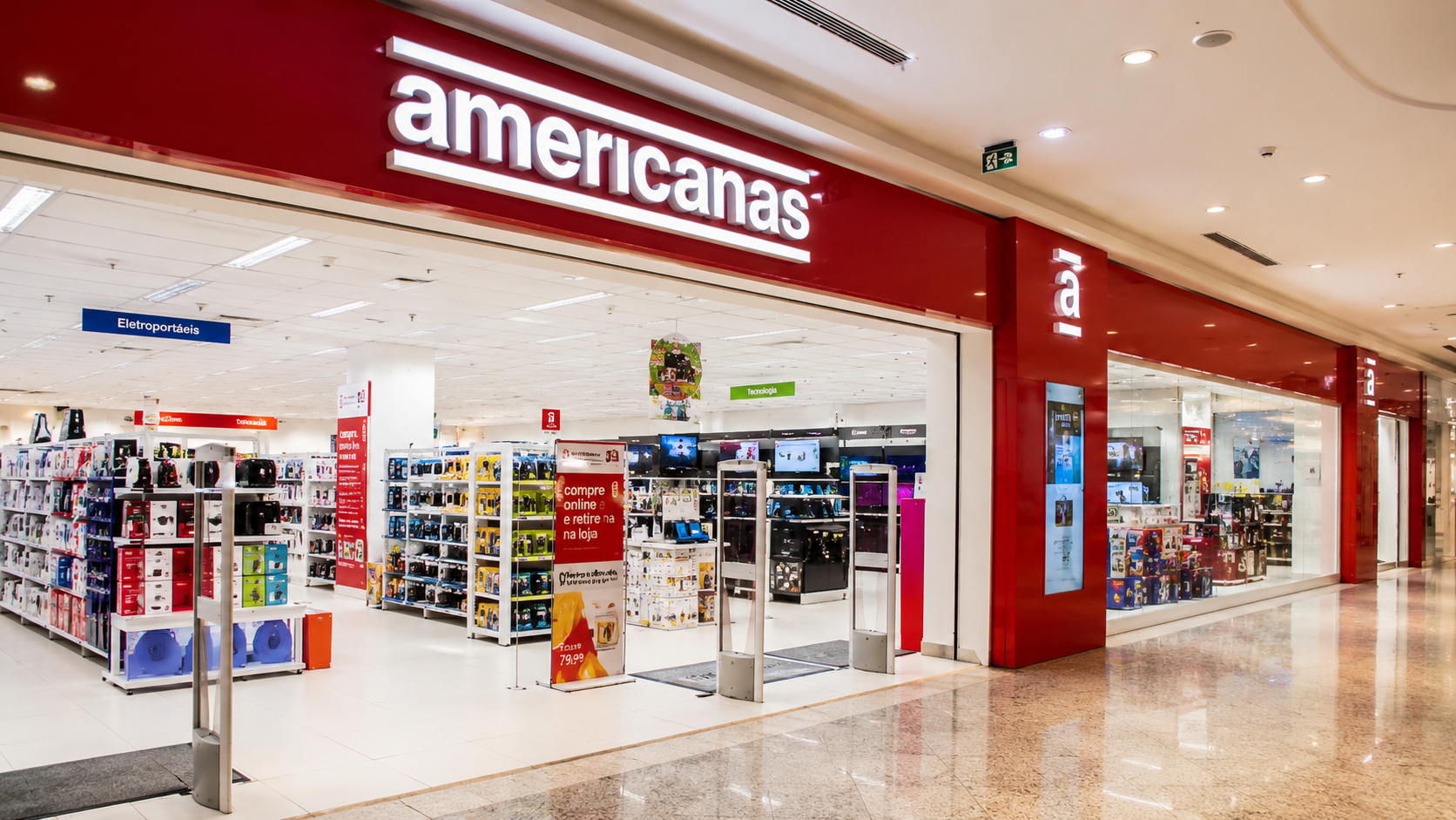 Fachada de uma loja Americanas em shopping center, destacando a unidade comercial após a venda da Uni.Co, dona das marcas Imaginarium e Puket, para a BandUP!.