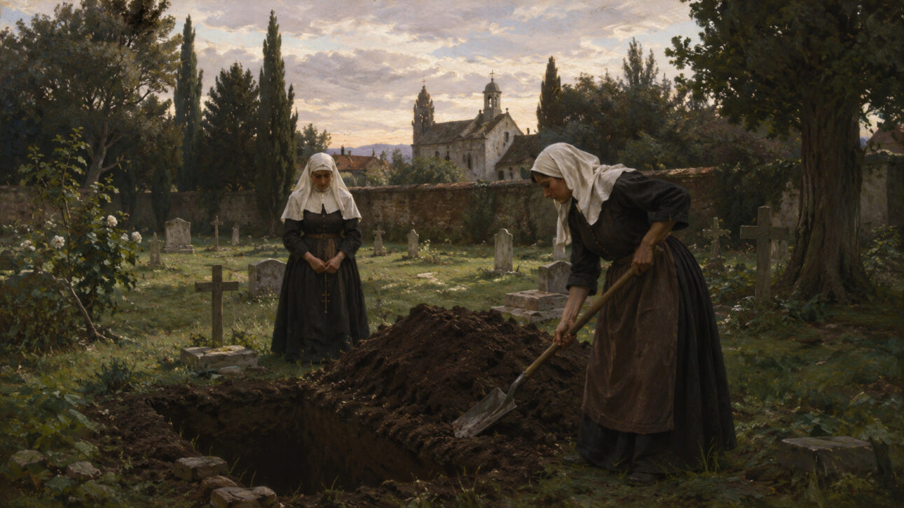 Duas mulheres em trajes antigos aparecem em um cemitério, uma delas segurando uma pá ao lado de uma sepultura aberta, representando coveiras e profissionais esquecidas da história funerária.