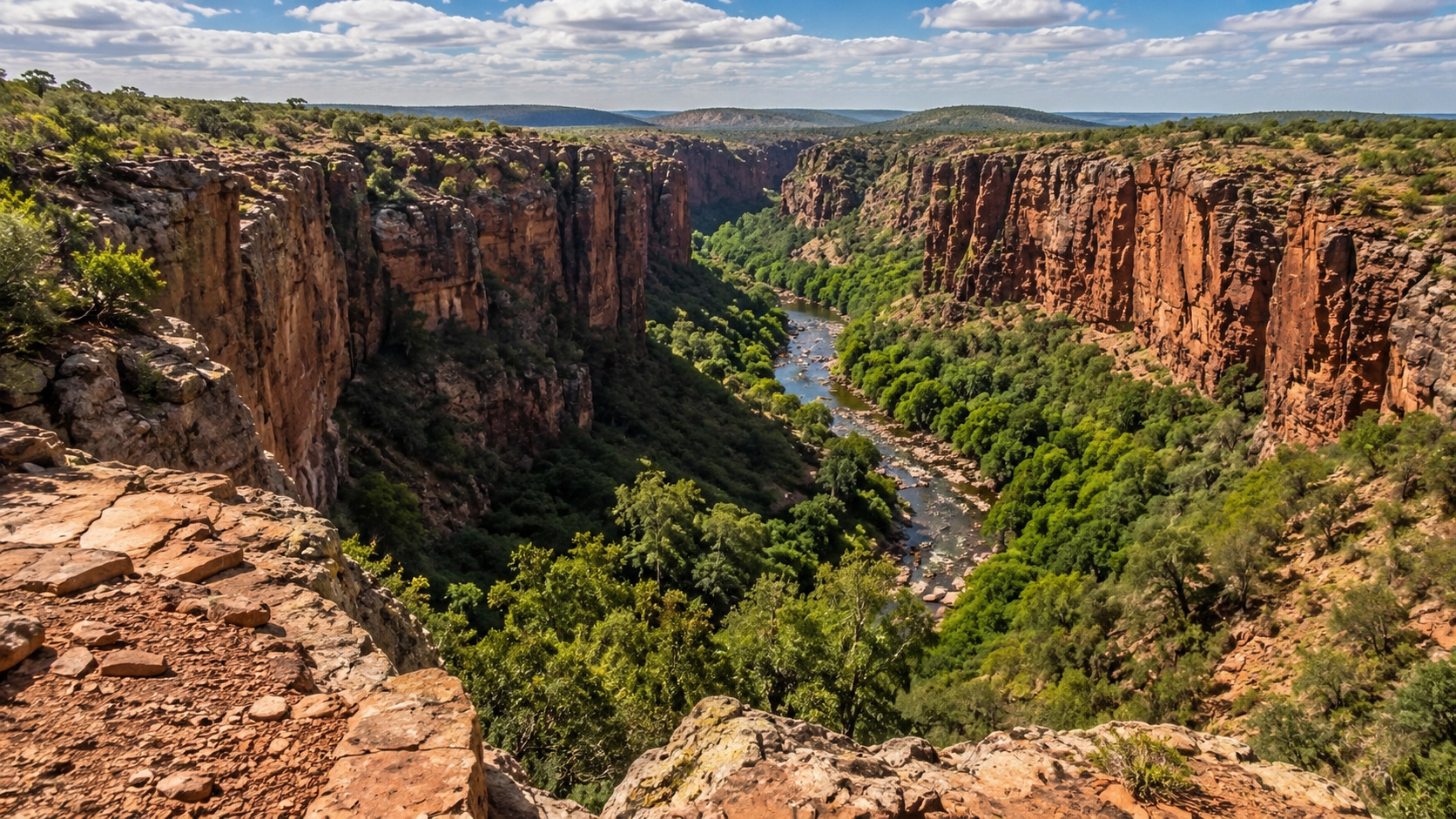 Vista panorâmica de um cânion isolado no Parque Nacional Wollemi, na Austrália, com paredões rochosos, vegetação densa e rio sinuoso, representando o habitat natural do raro pinheiro-de-Wollemi.