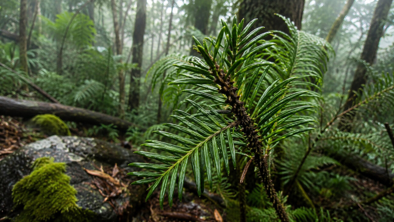 Close-up of a green branch similar to the Wollemi Pine in a humid forest, with narrow leaves, trunks in the background, and dense vegetation.