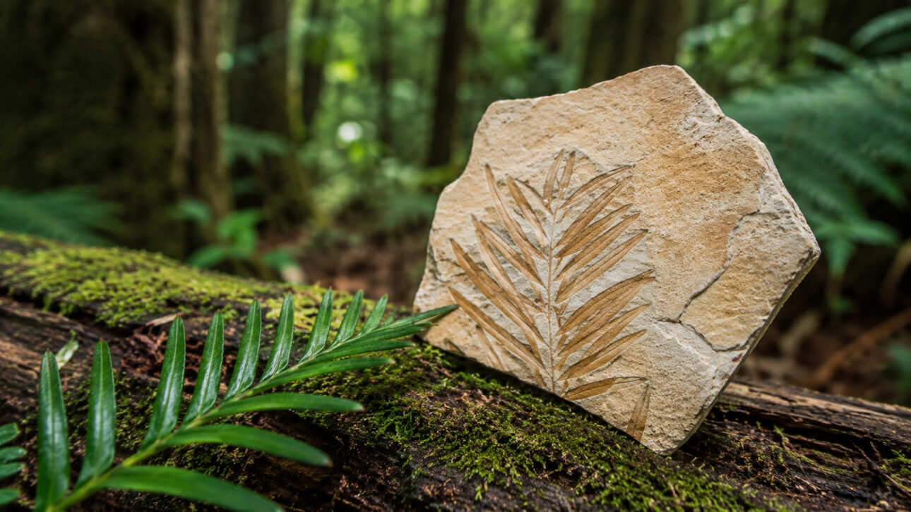 Rock with fossil leaf impression in a humid forest, next to a green branch similar to the Wollemi pine.