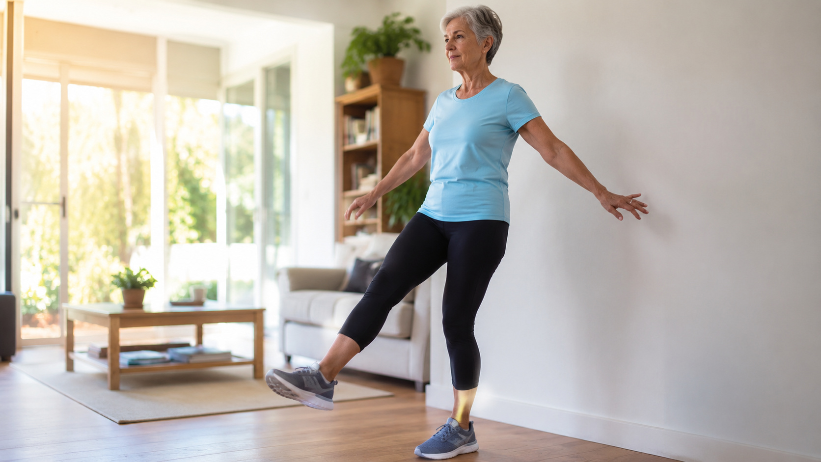 Pessoa com mais de 60 anos realizando exercício caseiro de apoio unipodal em uma sala, mantendo o equilíbrio com postura adequada em ambiente residencial.