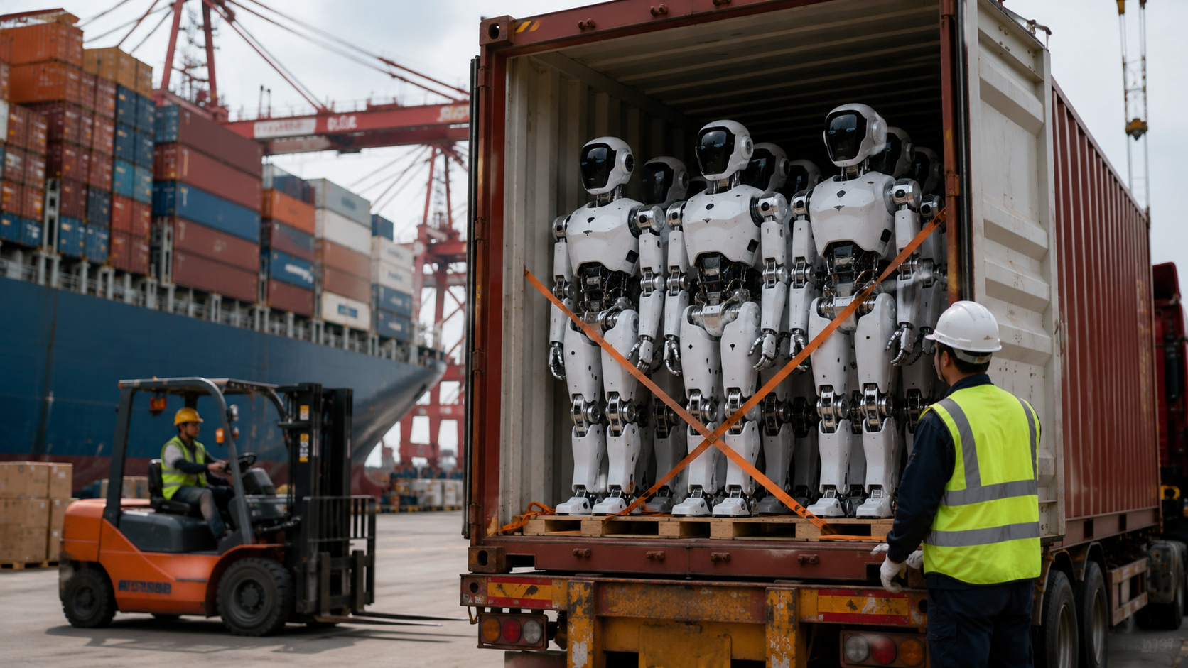Robôs humanoides sendo carregados em contêiner em porto industrial, representando exportações chinesas de tecnologia e automação.