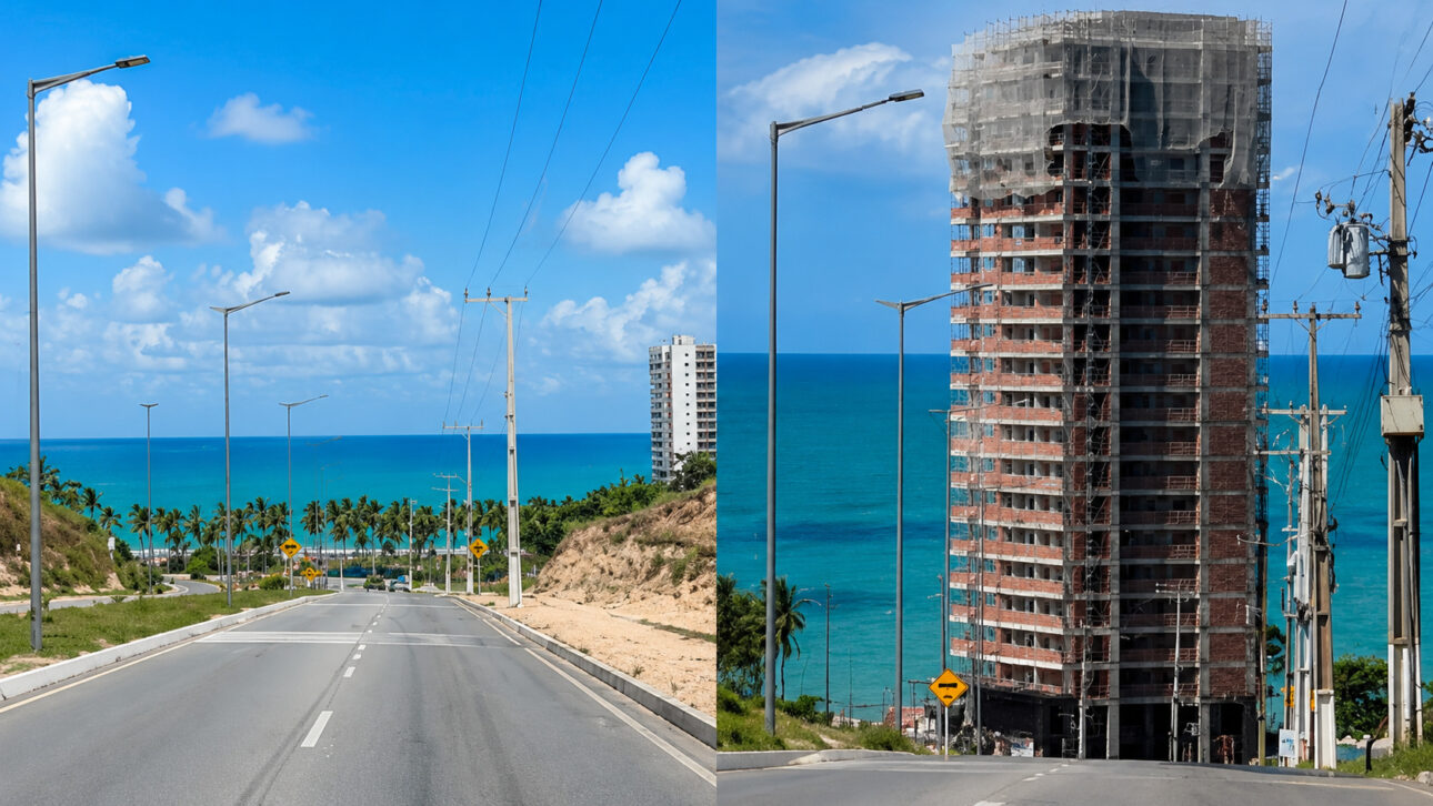 Antes e depois de avenida em Maceió com prédio em construção interferindo parcialmente na vista para o mar.