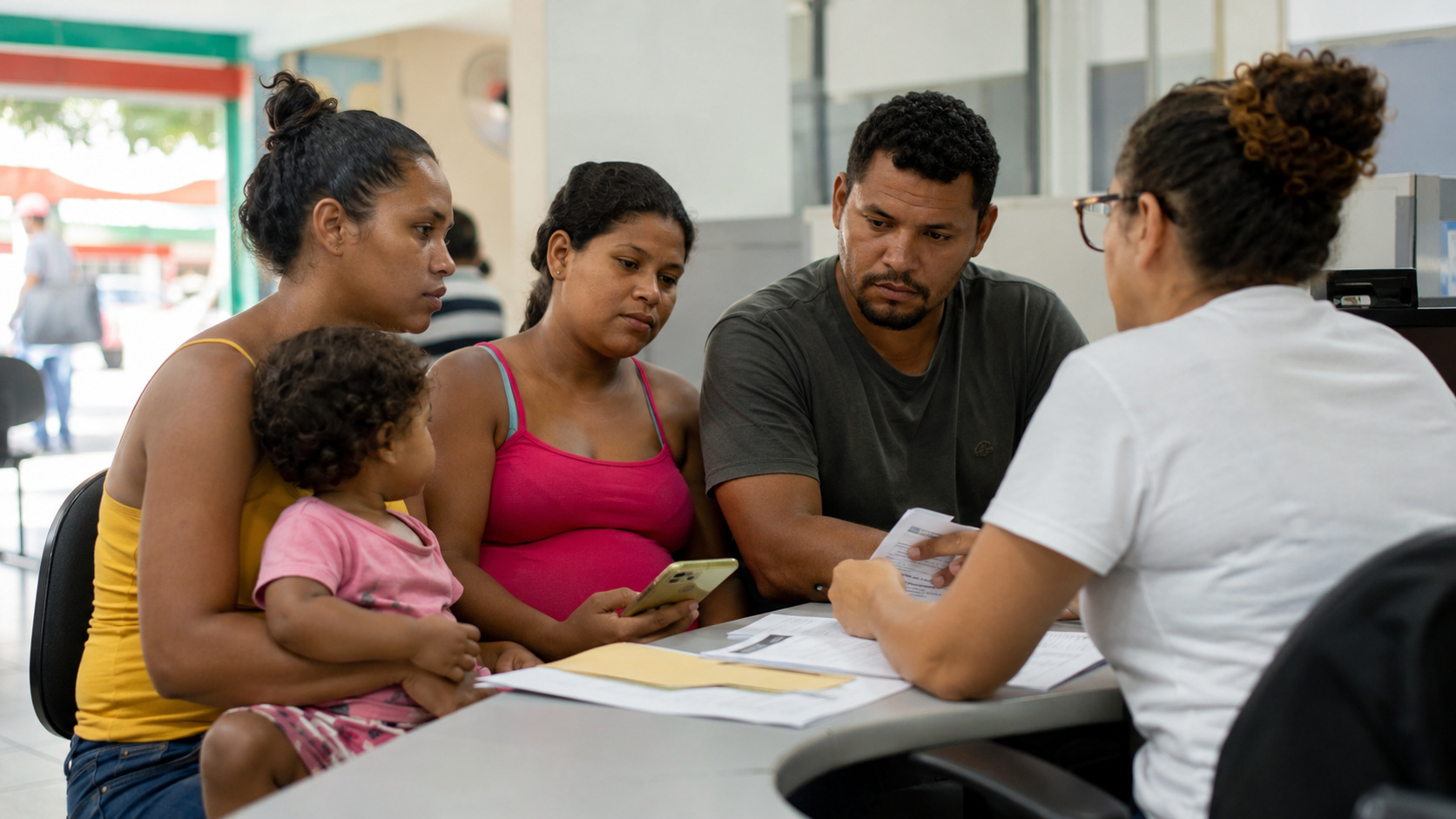 Família em atendimento social revisa documentos para atualizar o CadÚnico e conferir adicionais do Bolsa Família.