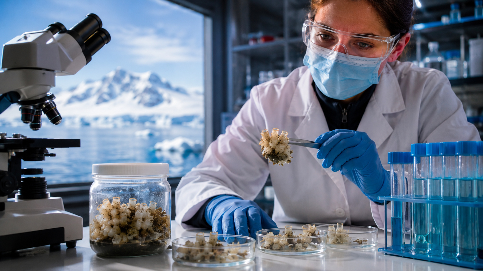 Cientista analisa ascídia marinha da Antártida em laboratório durante estudo sobre composto promissor contra melanoma.