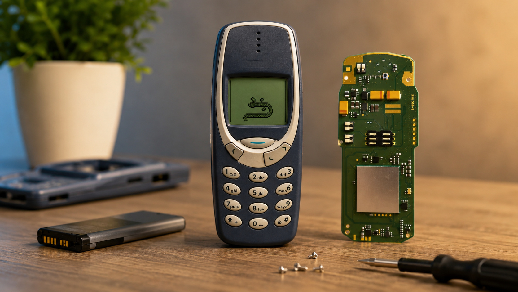 Nokia 3210 original ao lado de uma placa-mãe personalizada com suporte a 4G, representando projeto de modificação que moderniza o clássico celular sem alterar seu design.