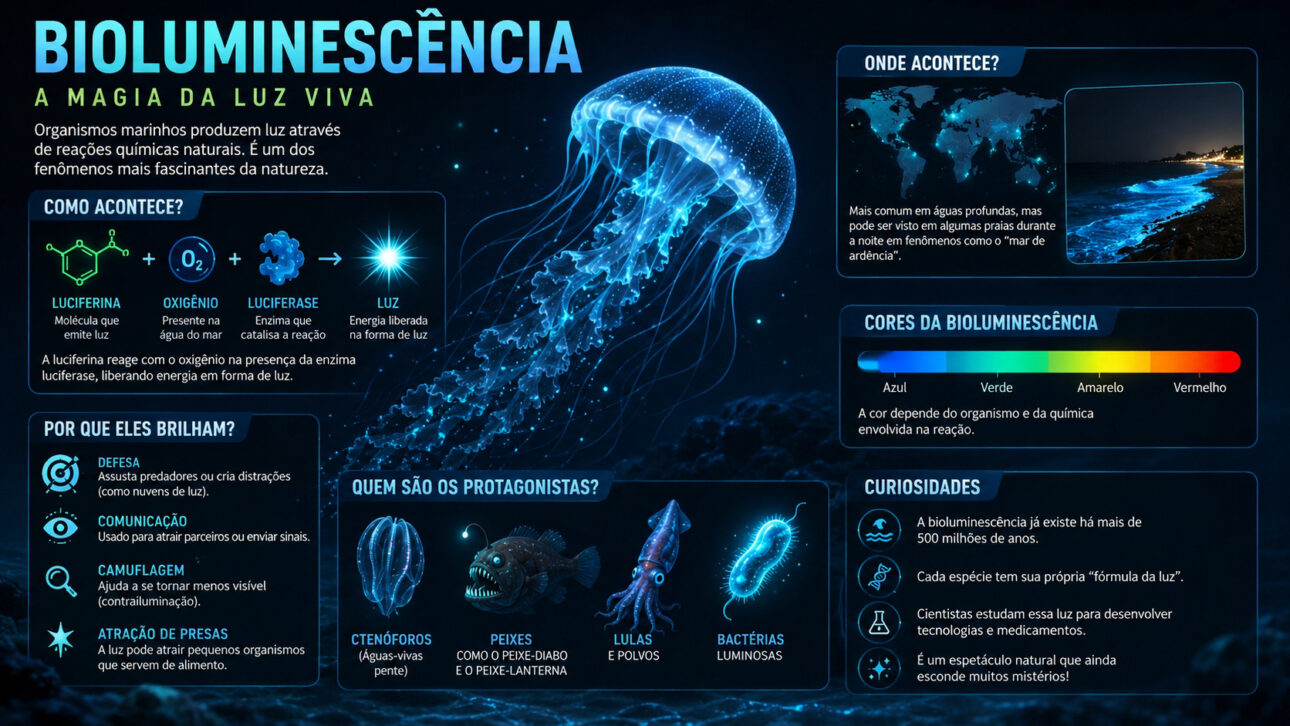 Infográfico sobre bioluminescência marinha com água-viva, reação química da luz, organismos luminosos e cores do brilho natural.