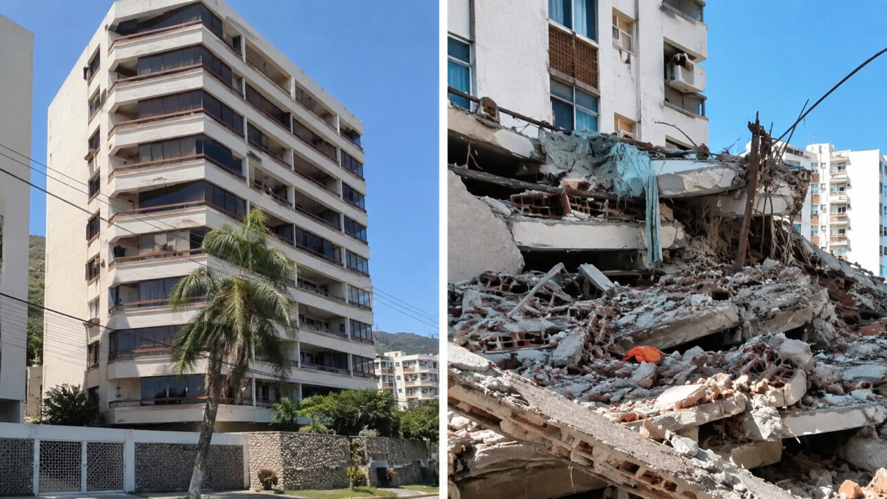 Montage shows intact residential building next to rubble with broken concrete, bricks, and debris after earthquake in Venezuela.
