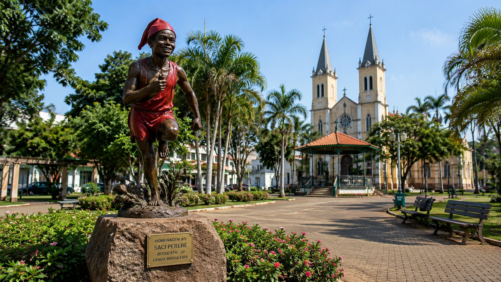 Estátua em homenagem ao Saci em praça arborizada de Botucatu, com igreja, jardins e paisagem da Cuesta Paulista ao fundo.