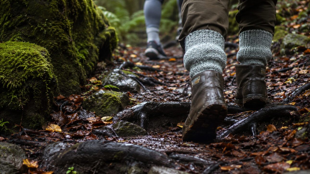 Visitantes caminham por trilha úmida com raízes e musgos em floresta próxima à fogueira eterna de Blackwater, na Nova Zelândia.