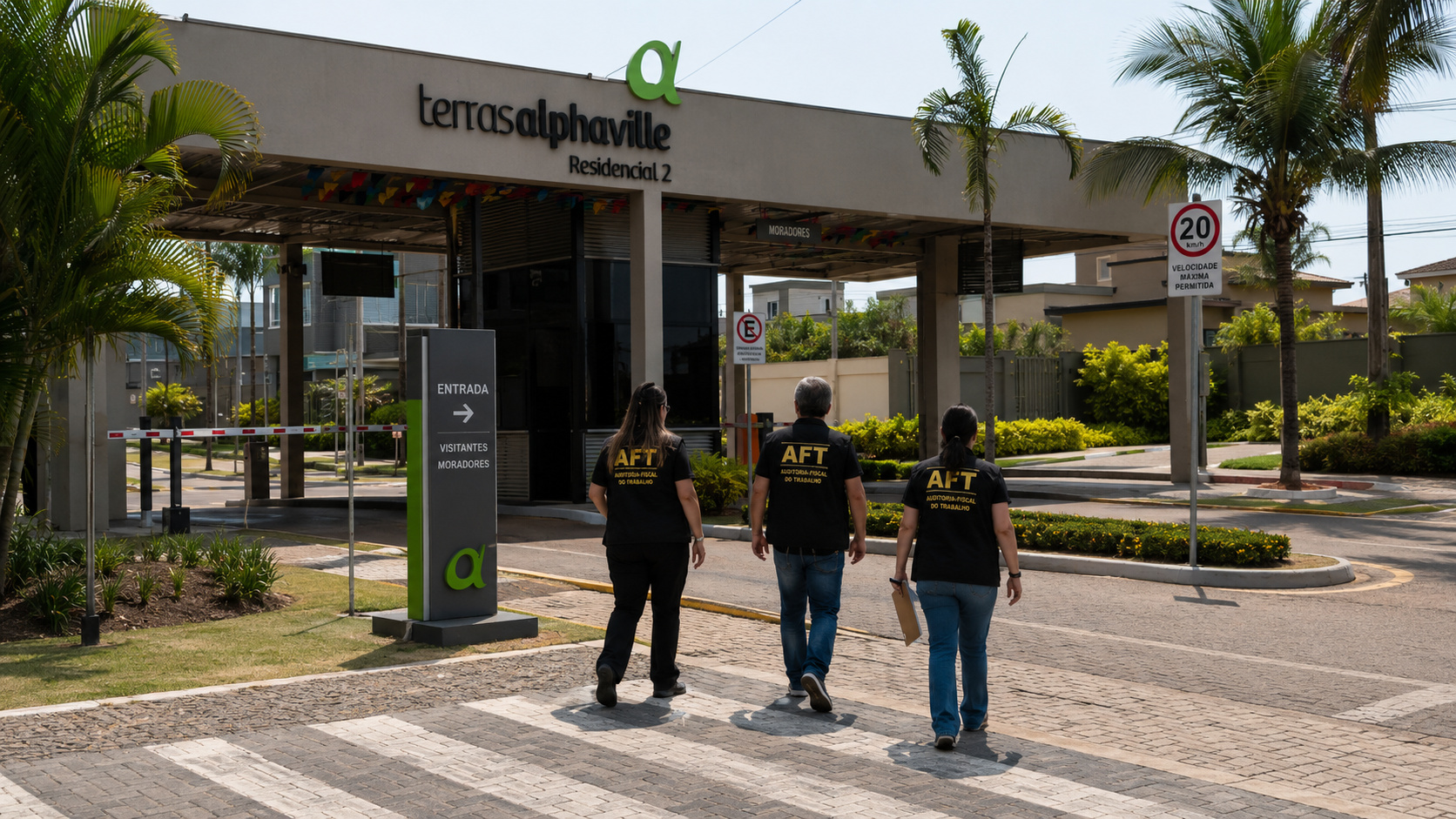 Auditores-Fiscais do Trabalho caminham em direção à entrada de um condomínio de luxo em Eusébio, no Ceará, durante operação que resultou no resgate de uma doméstica após 55 anos de trabalho sem salário.