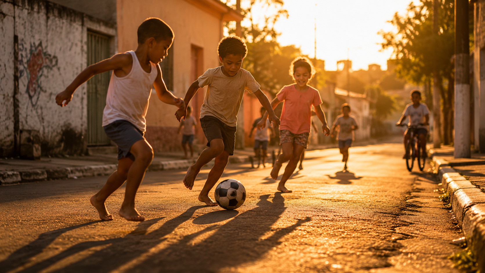 Crianças brincam de futebol na rua ao entardecer, representando a liberdade, a autonomia infantil e o desenvolvimento de habilidades sociais por meio das brincadeiras ao ar livre.