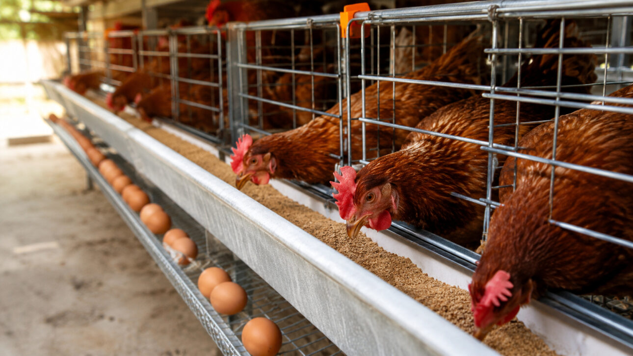 Galinhas poedeiras marrons em gaiolas metálicas se alimentam em granja, com ovos frescos alinhados na área de coleta.