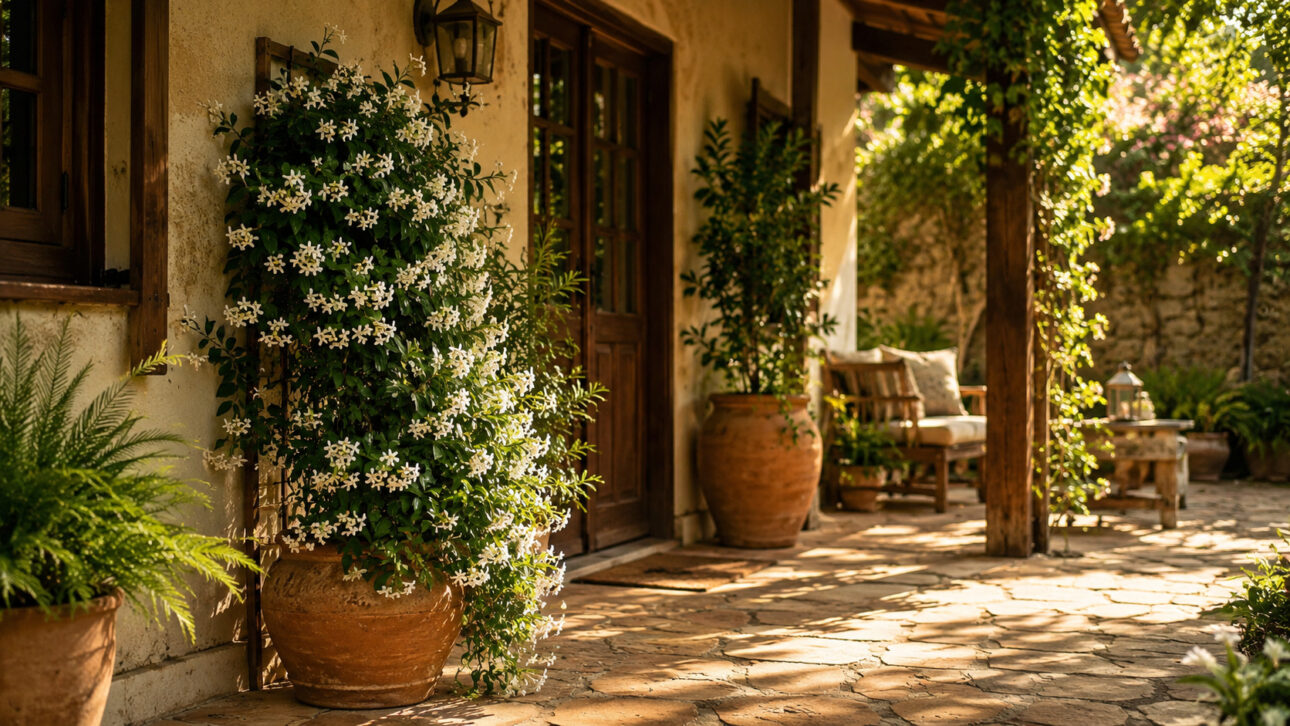 Jasmim-chorão com flores brancas em vaso de barro, cultivado em varanda de meia-sombra com treliça e plantas ornamentais.