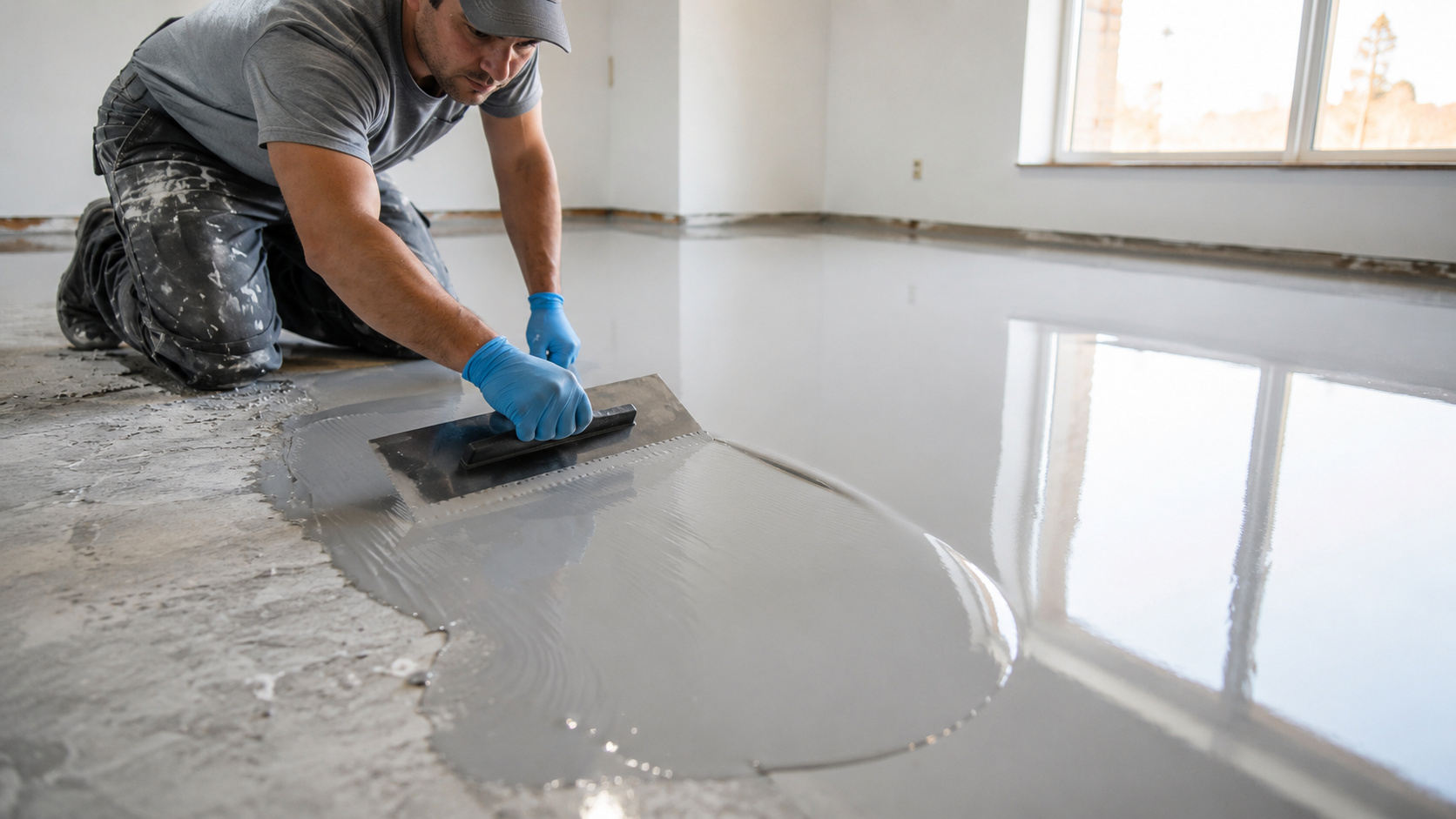 Pedreiro aplica porcelanato líquido sobre piso durante reforma sem quebra-quebra para criar acabamento moderno, uniforme e de alto brilho.
