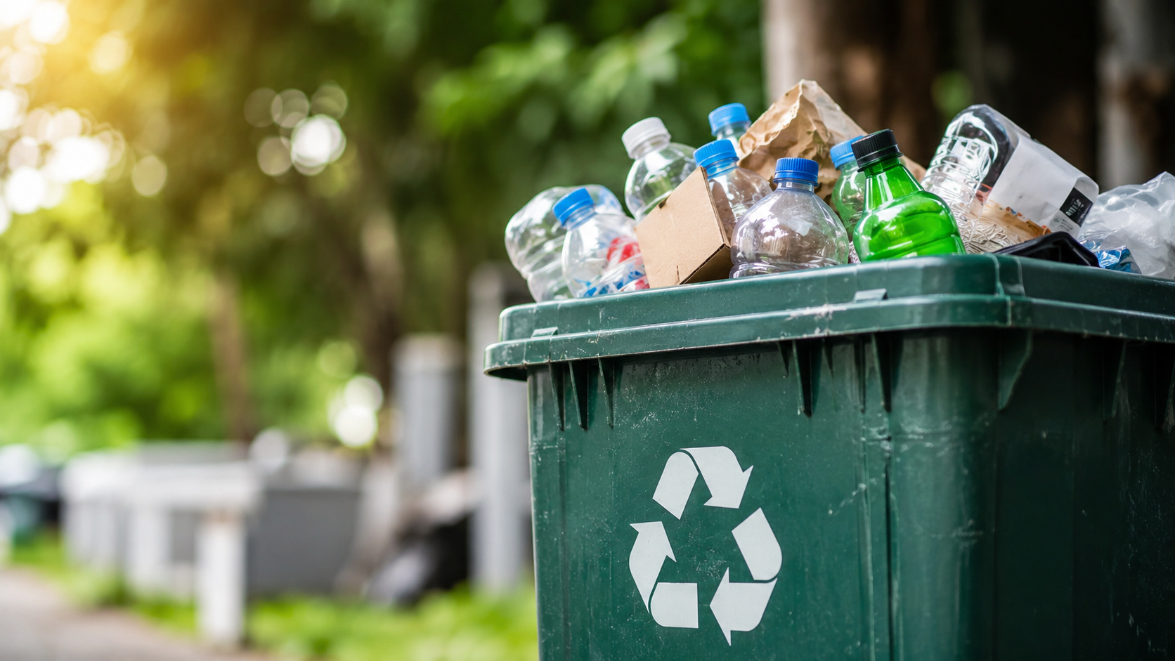 Lixeira verde com símbolo da reciclagem repleta de garrafas plásticas, papelão e outros materiais recicláveis em ambiente externo, representando a economia circular, a coleta seletiva e a destinação correta de resíduos.