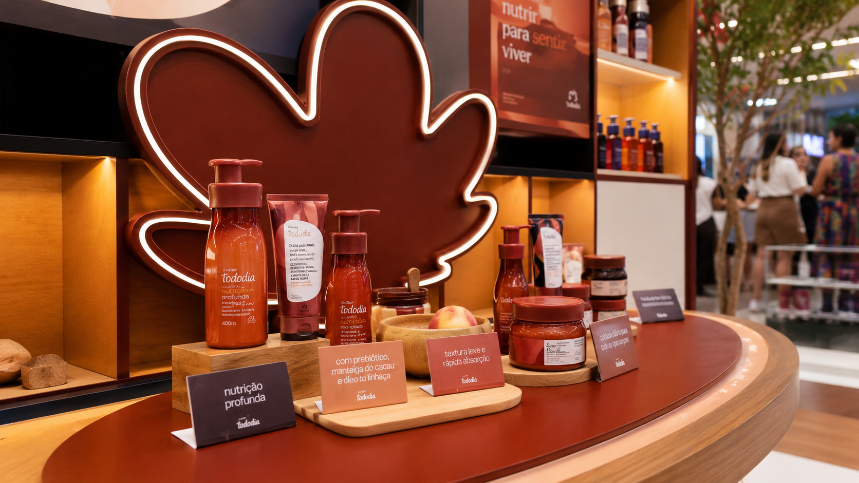 Exposição de cosméticos em tons terrosos em loja, representando produtos da Natura em meio a ajustes comerciais e vendas.