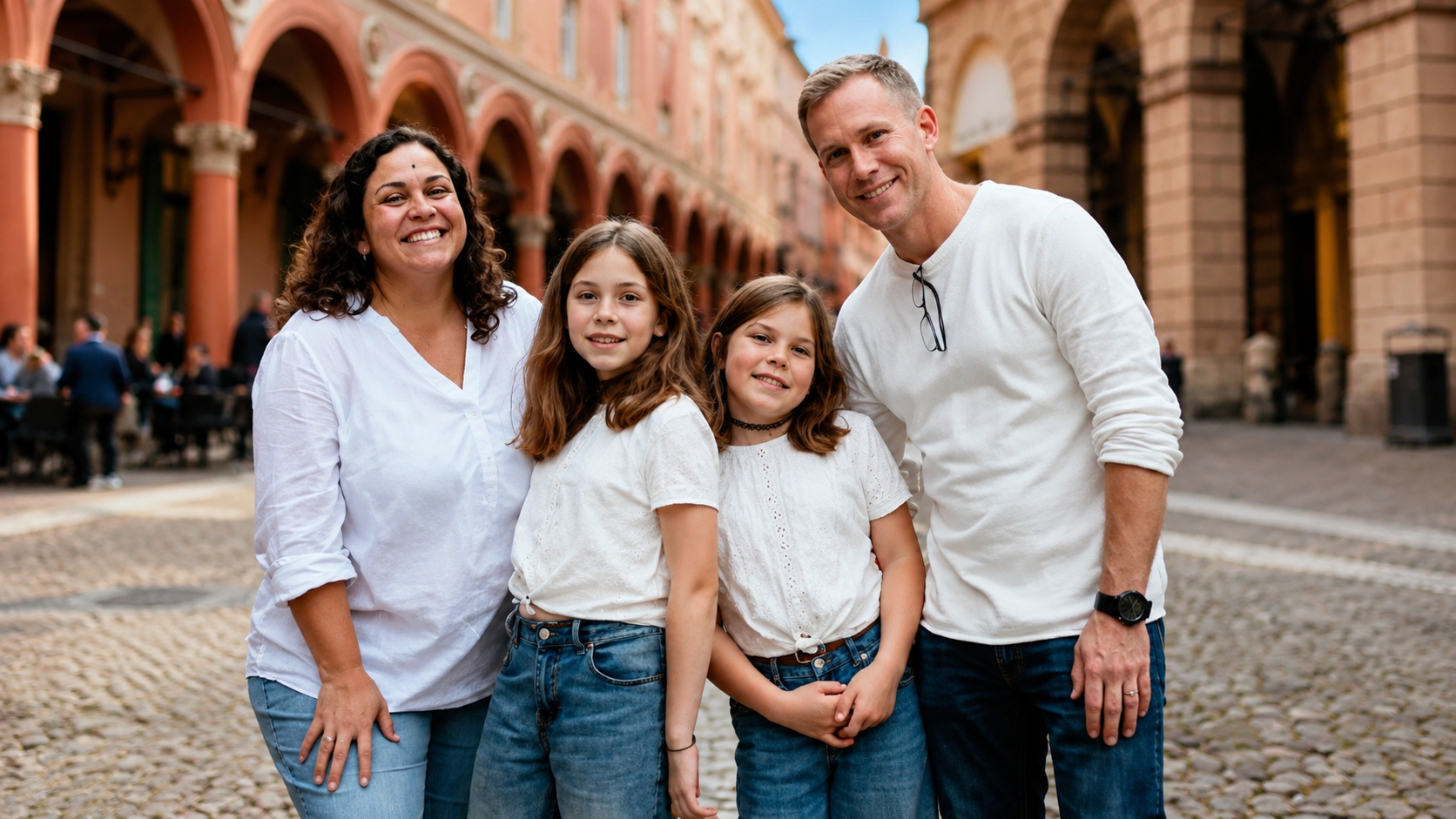 Família de brasileiros vivendo na Noruega posa sorrindo em uma rua histórica, representando o equilíbrio entre trabalho, convivência familiar e qualidade de vida no país.