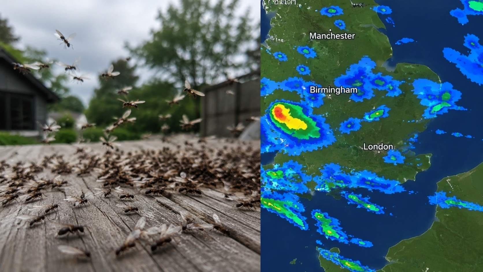 Enxame de formigas voadoras durante o voo nupcial ao lado de imagem de radar meteorológico mostrando áreas confundidas com chuva no Reino Unido.