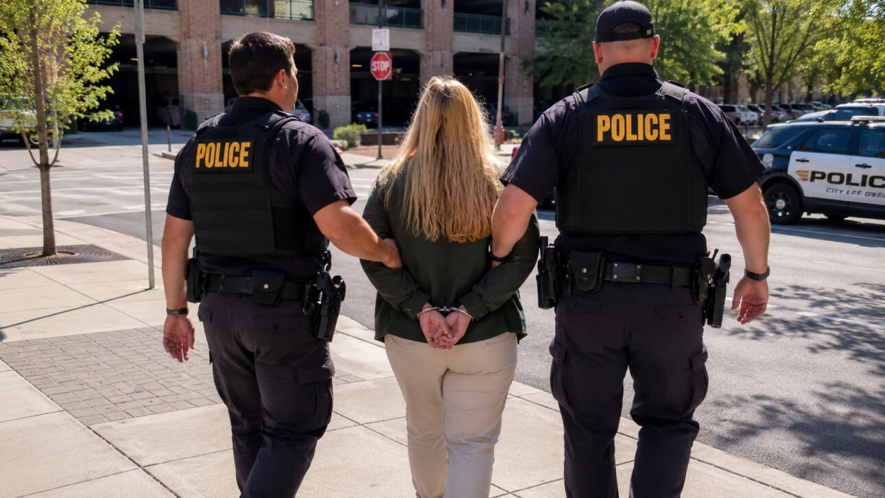 Two police officers escort a handcuffed woman in an urban area, in an illustrative image about an investigation of animal mistreatment in Long Island.