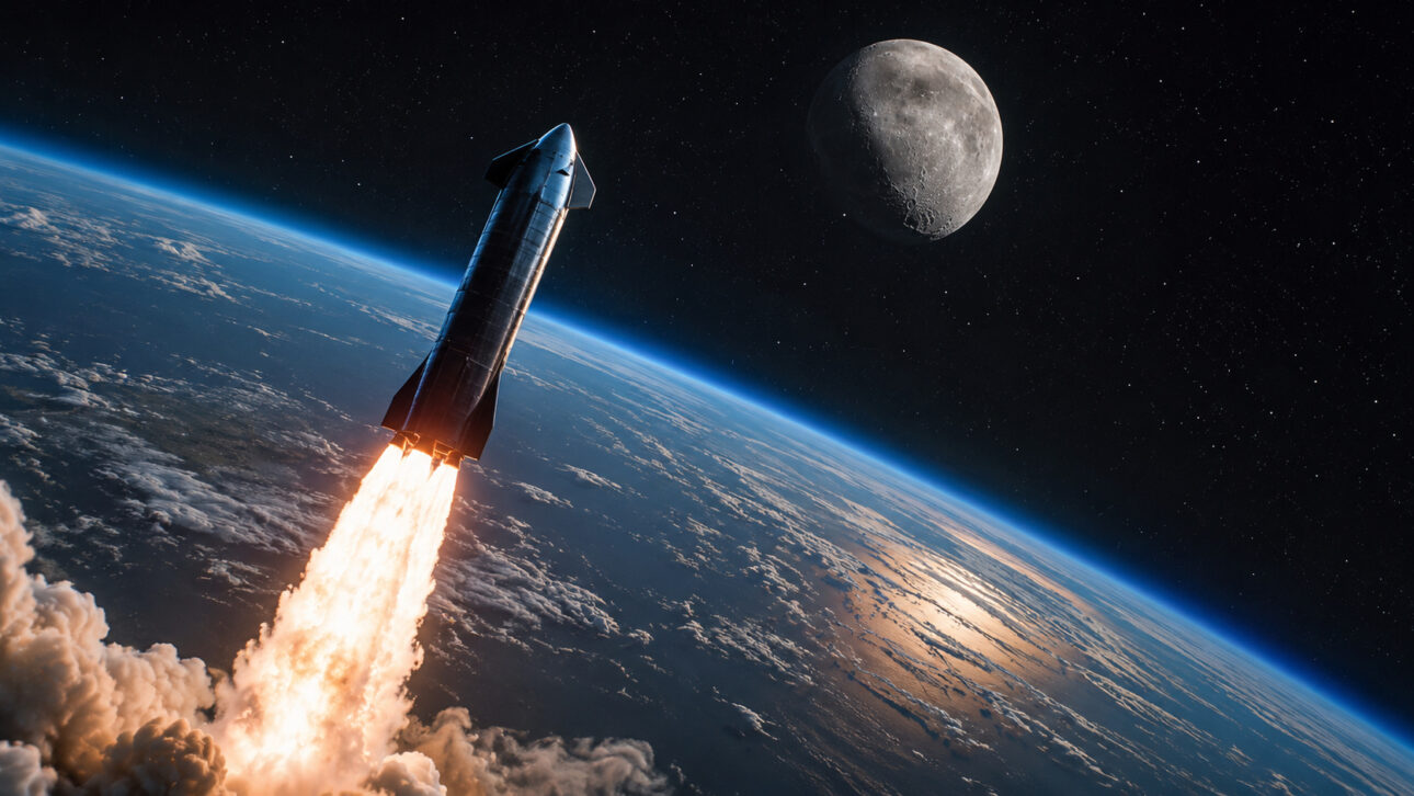 Foguete subindo em direção à Lua com a Terra ao fundo, representando transporte lunar compartilhado pela Starship.