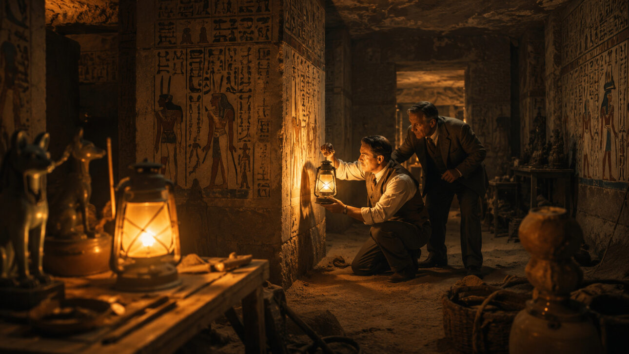 Two explorers with flashlights observe hieroglyphs inside an ancient Egyptian tomb linked to the curse of Tutankhamun.
