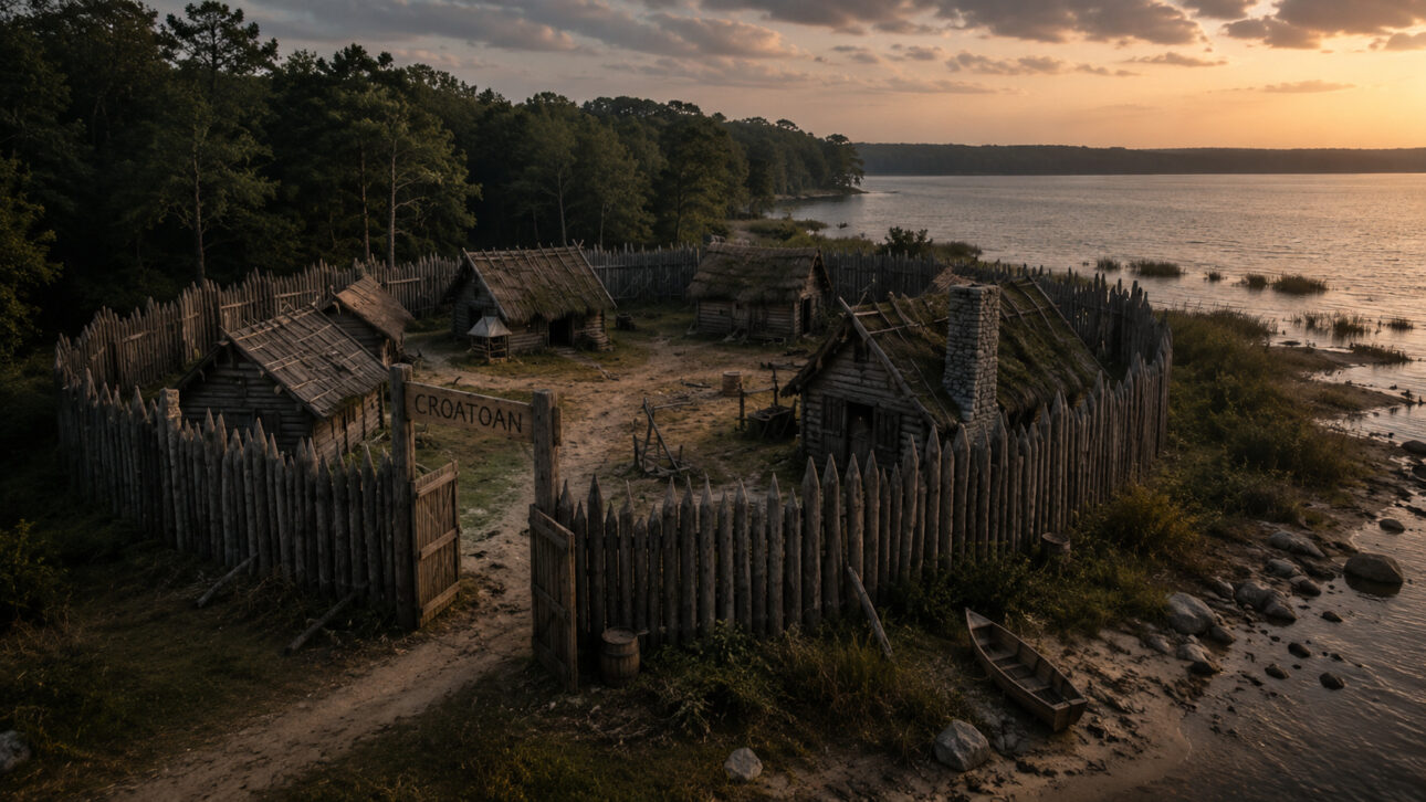 Colonial settlement surrounded by palisades by a river, with rustic cabins and a sign with the word Croatoan, referring to the mystery of Roanoke.