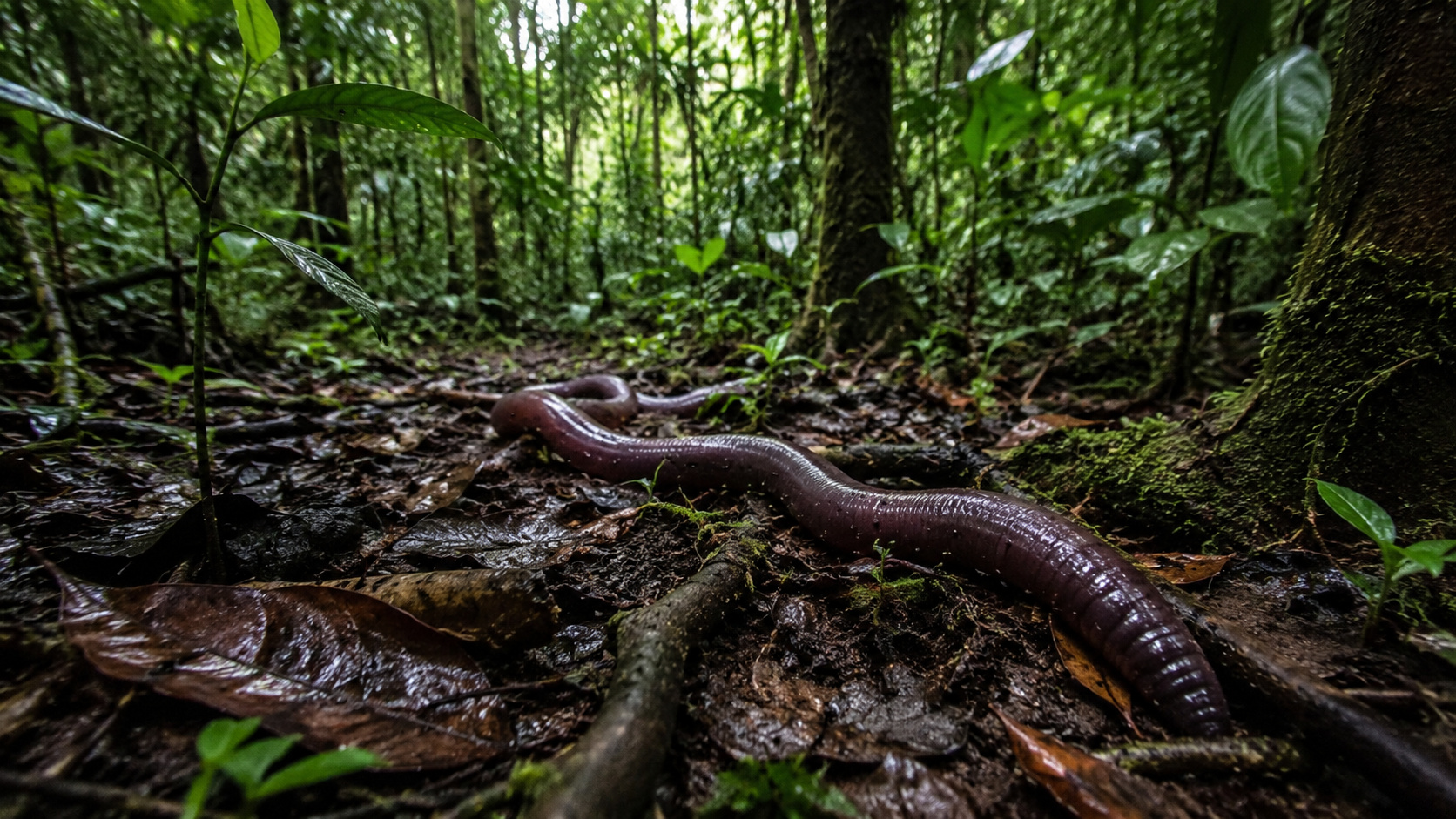 Minhoca gigante da Amazônia sobre o solo úmido da floresta tropical, cercada por folhas, raízes e vegetação densa, destacando seu papel na fertilidade do ecossistema.