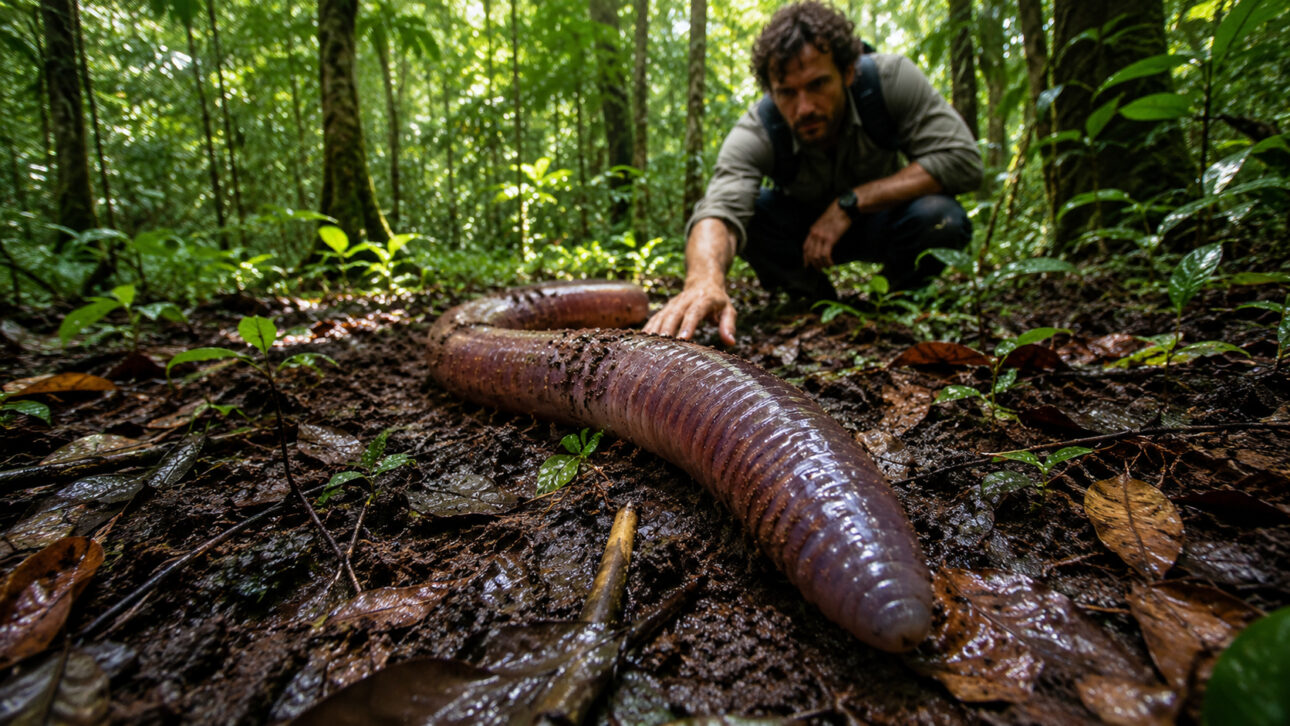 Minhoca gigante da Amazônia sobre solo úmido da floresta, com pesquisador ao fundo observando o animal entre folhas, raízes e vegetação tropical.