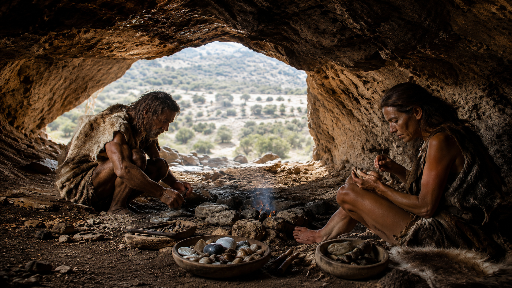 Neandertal e Homo sapiens dentro de uma caverna com ferramentas de pedra, conchas e fogueira.