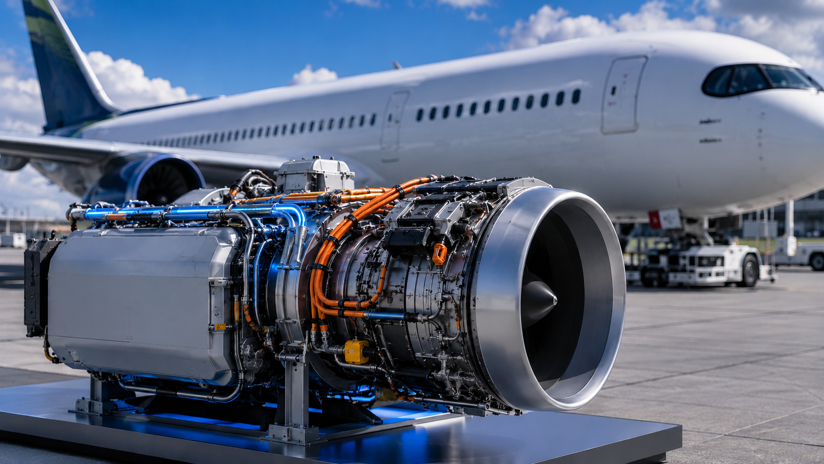 Motor elétrico baseado em células de combustível de hidrogênio em primeiro plano, com avião comercial ao fundo, representando a nova joint venture entre Airbus e MTU para desenvolver sistemas de propulsão sustentável.