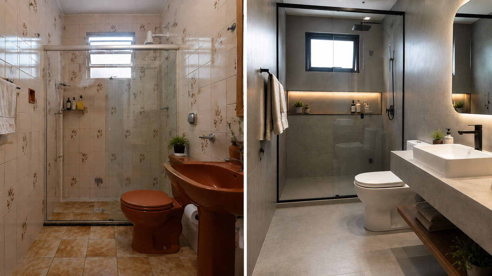 Comparação entre um banheiro com azulejos antigos e outro com revestimento moderno, mostrando uma renovação sem obra e sem a necessidade de remover a cerâmica original