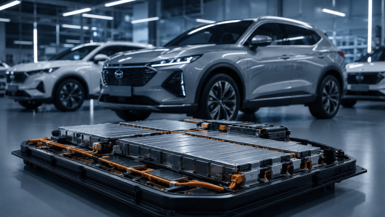 Bateria modular de veículo elétrico exposta em primeiro plano, com SUVs eletrificados ao fundo em um laboratório automotivo moderno.